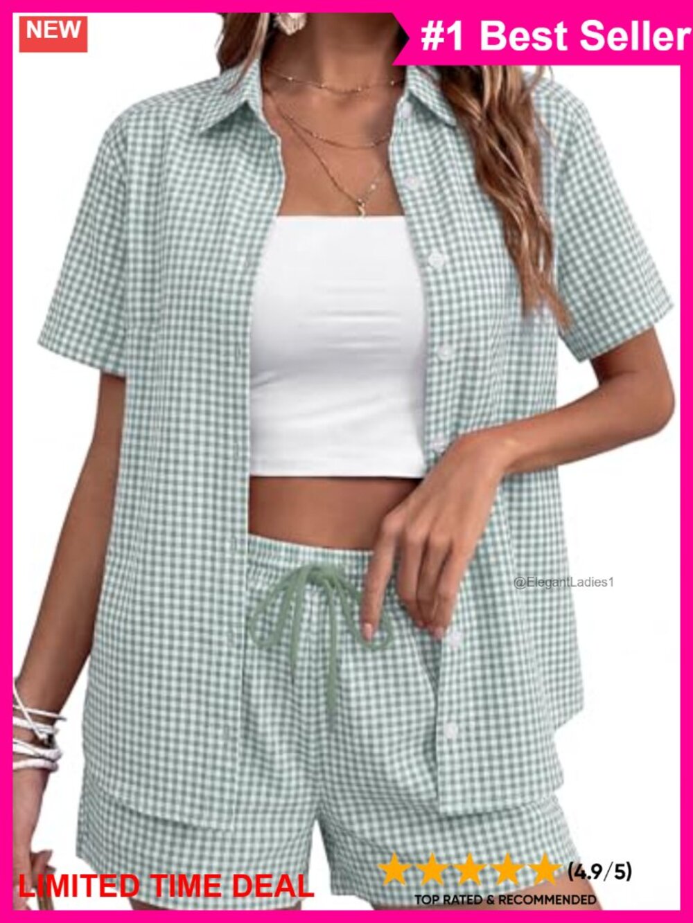 Women's 2 Piece Cotton Button Down Shirt and Shorts Set Summer Casual